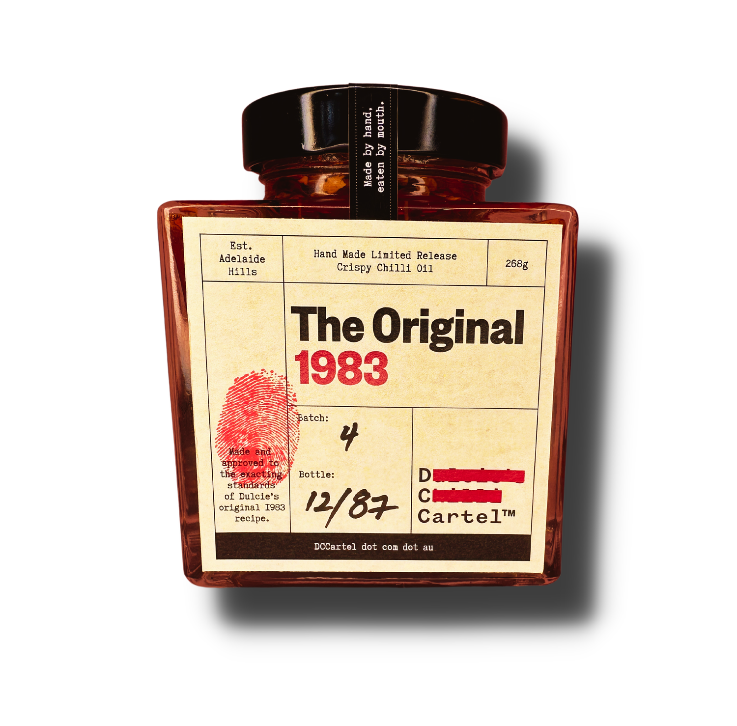Handgemachtes Chiliöl im Glas – Vorderseite mit Original 1983 Etikett, ohne Auszeichnungen