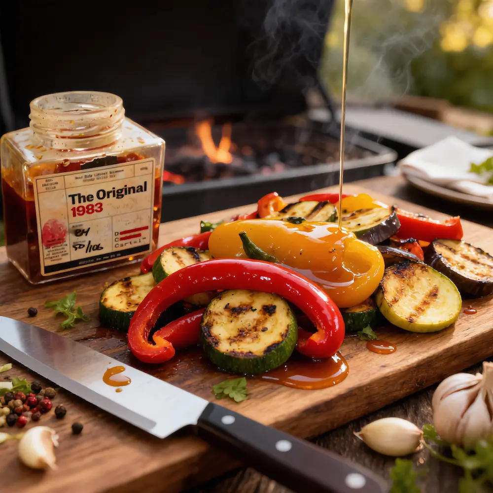 Buntes gegrilltes Gemüse mit DC CARTEL Crispy Chiliöl Finish auf einem Holzbrett