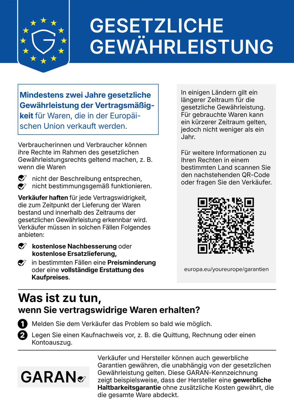Gesetzliche Gewährleistung und Garantie Information